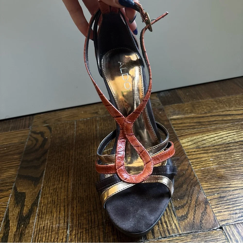 ALDO Red Brown and Gold Strappy High Heel Sandals - Picture 5 of 10